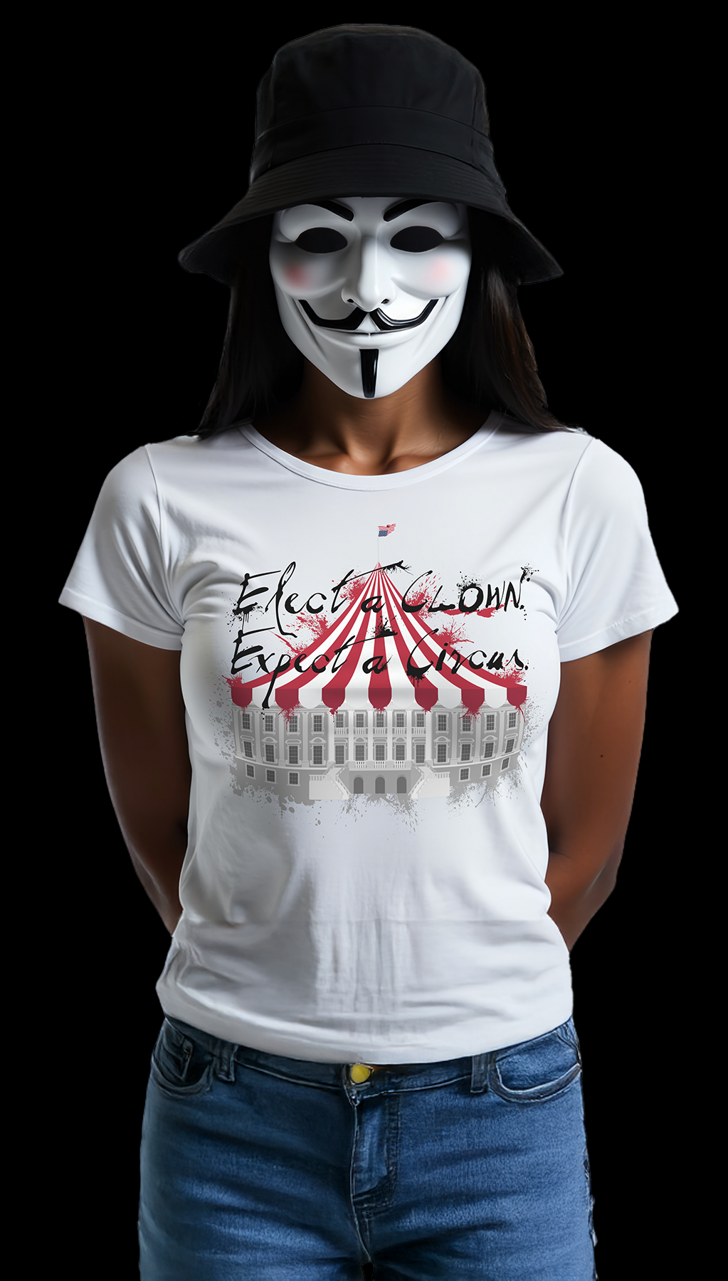 Female-Model-T-Shirt-Elect-A-Clown Female Duke Raoul model with white T-shirt Elect a Clown.